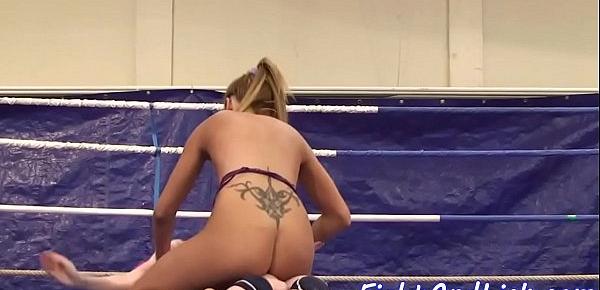  Pussylicking babes wrestle in a boxing ring